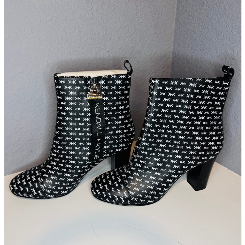 Women's Kendall + Kylie Black White Monogram Heeled Ankle Boots